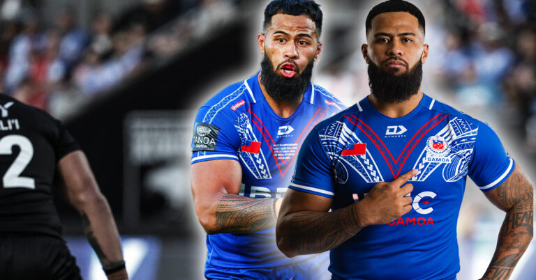 Payne Haas wearing the Toa Samoa rugby jersey, showing pride in his Samoan heritage before an international match.
